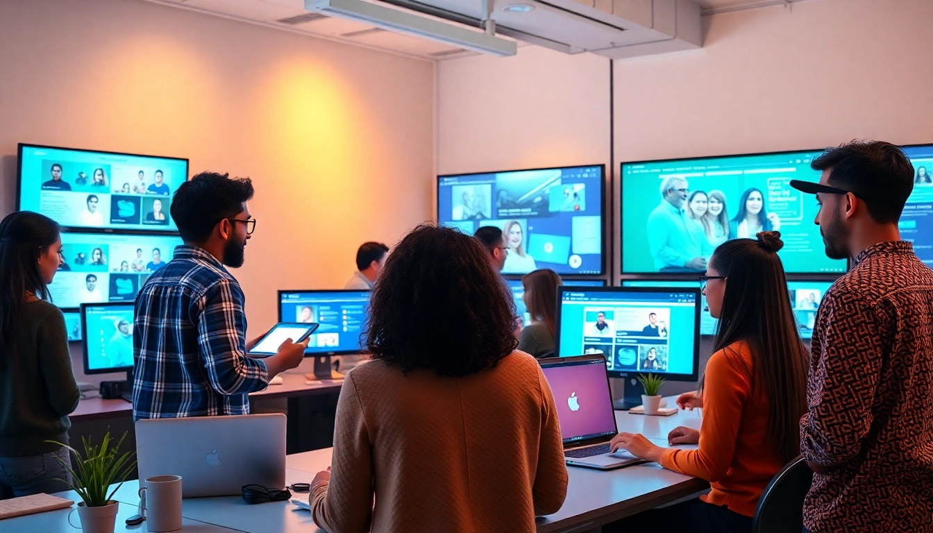 Individuals exploring virtual career exploration tools on digital screens in a collaborative workspace.