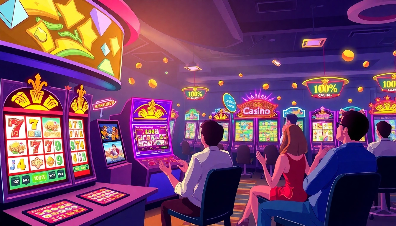 Players enjoying สล็อตเว็บตรง100% games at vibrant online casino setups with colorful slot machines.