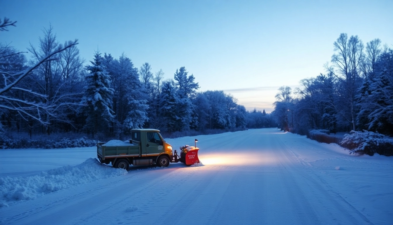 Snow removal from a driveway using a snow plow, showcasing the process in a serene winter setting.