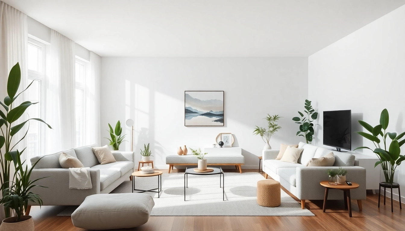 Showcasing the entire interior of a modern living room, emphasizing greenery and natural lighting.