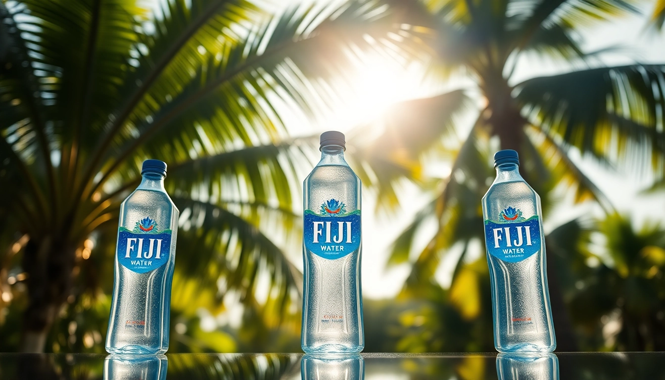 Fiji water bottles with vibrant labels surrounded by lush tropical foliage under soft sunlight.