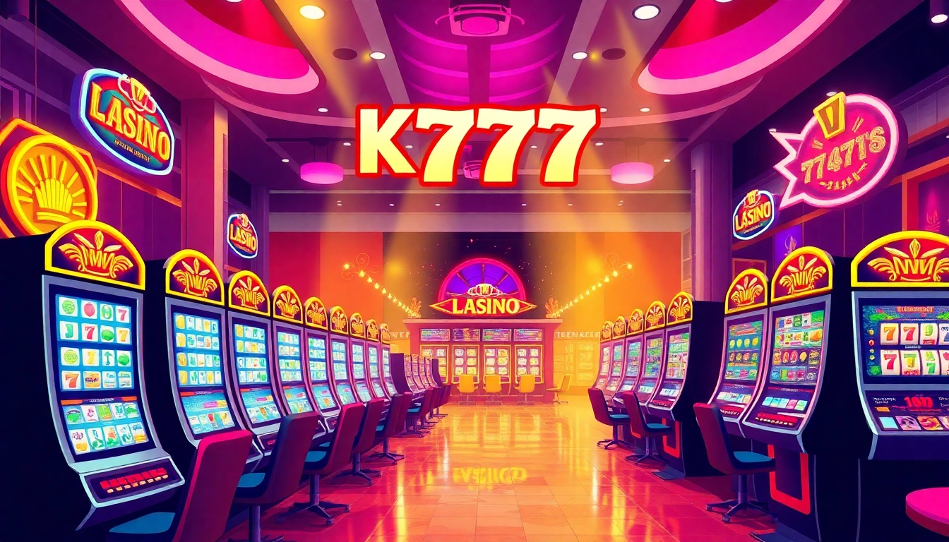 Engaging scene of สล็อต777 slot machines in action, bright lights illuminating a vibrant online casino atmosphere.