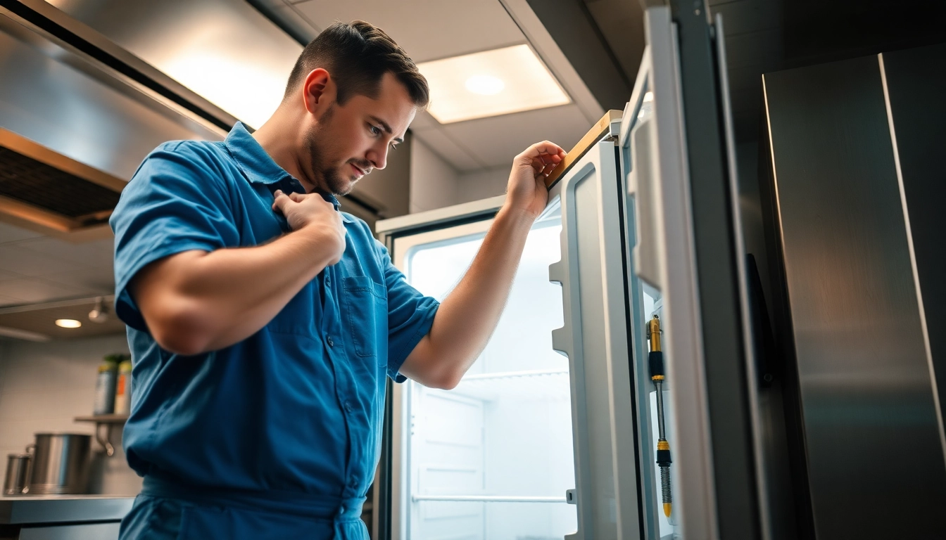 Technician performing commercial refrigerator repair in a busy kitchen.