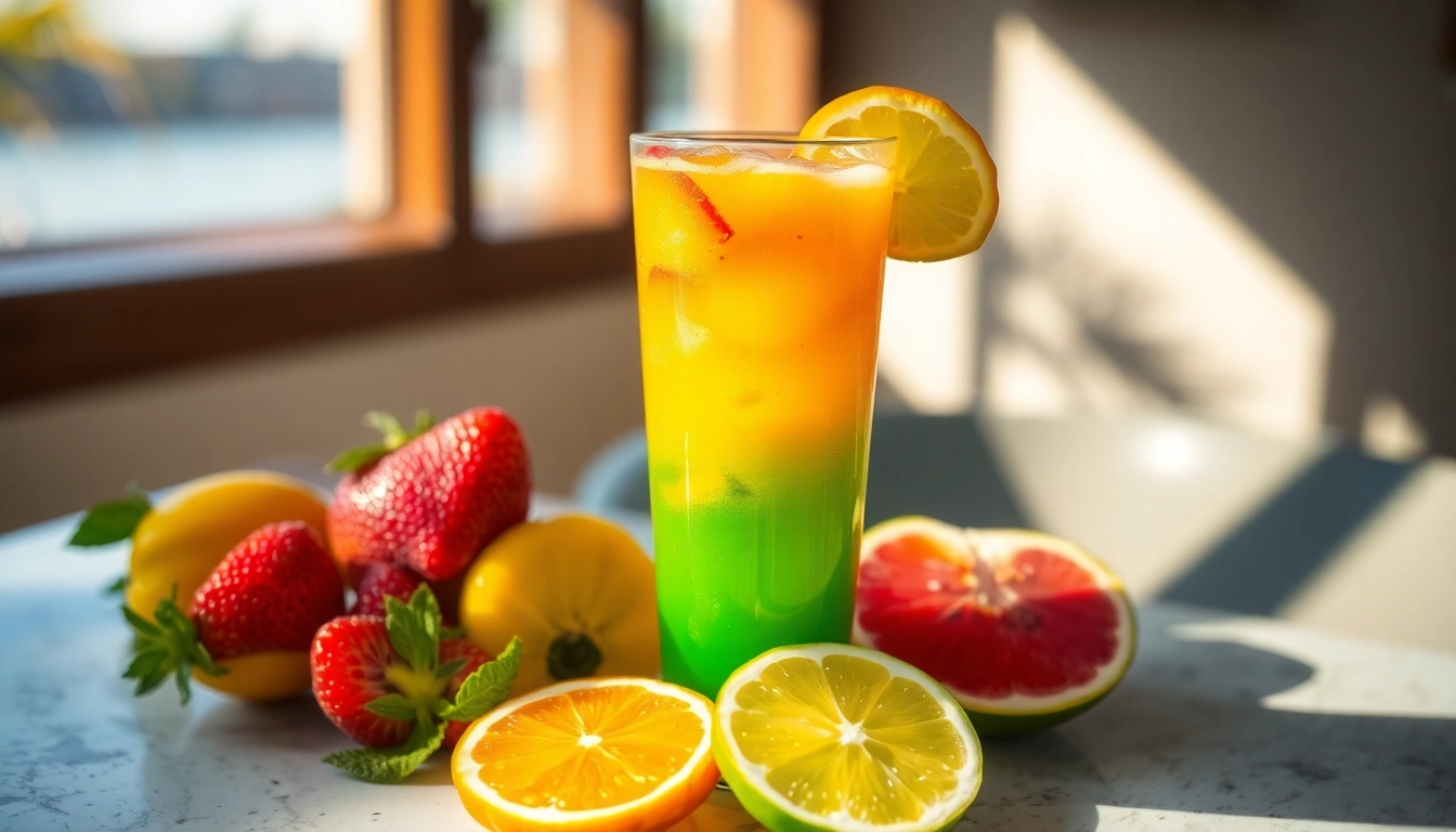 Enjoy a refreshing vitamindrink with vibrant fruit slices beside a glass, promoting health and vitality.