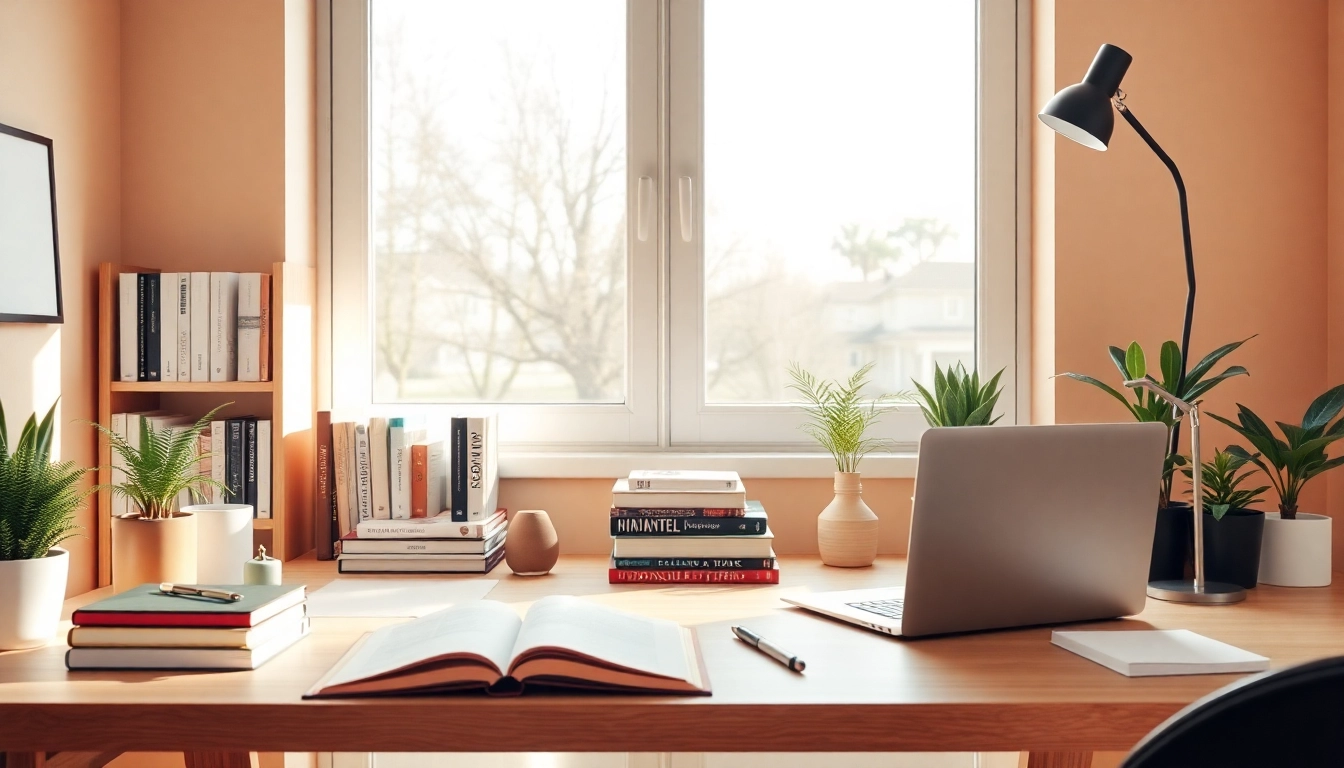 Showcase Homeworkmarket's vibrant home office setup, featuring a laptop and organized study materials for effective learning.