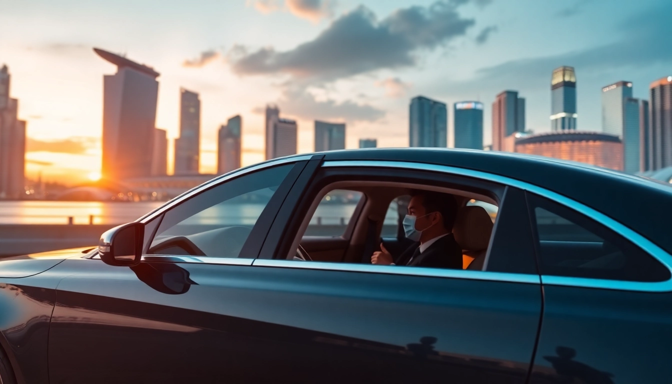 Professional chauffeur hire Singapore showcasing a stylish car in the vibrant Singapore skyline.