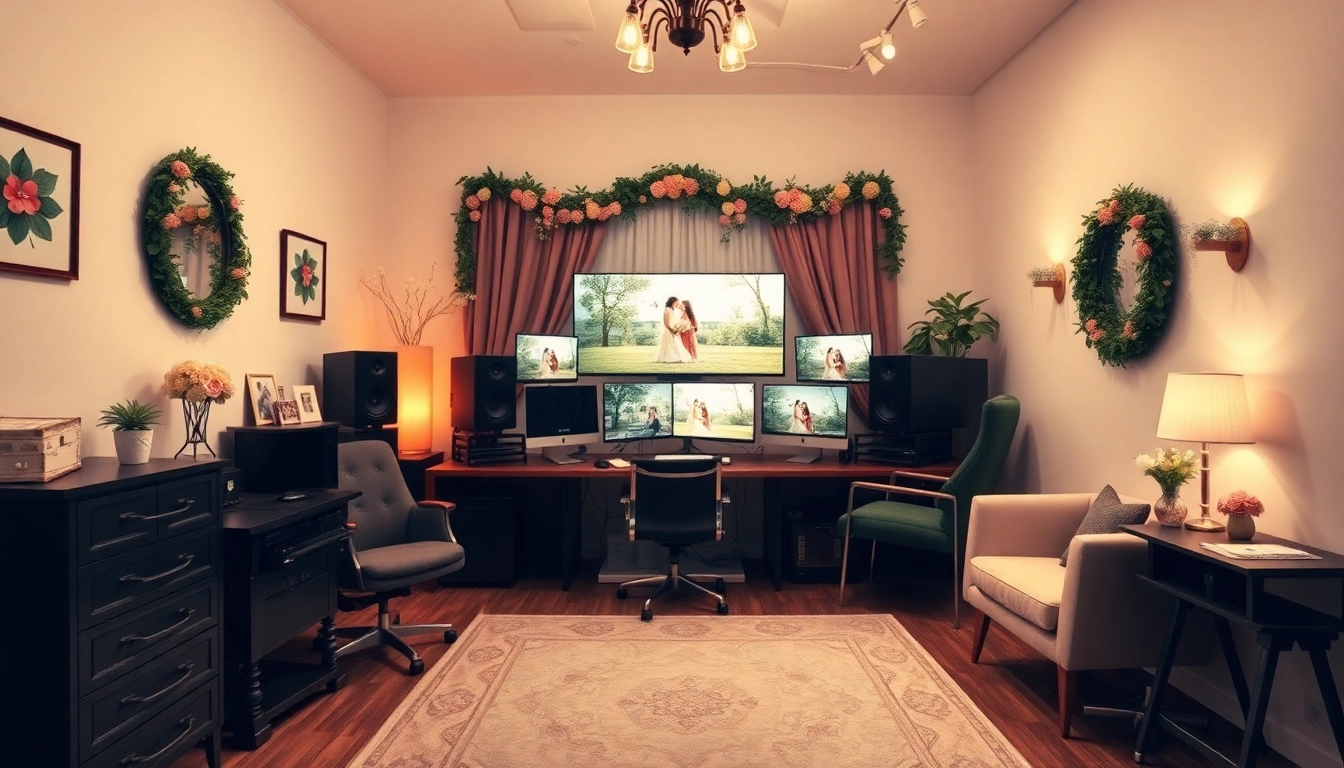 Professional Wedding or Event Video Editing setup showcasing high-tech equipment and stylish ambiance.