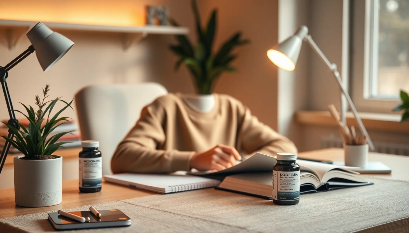 Enhance focus with Nootropics supplements viewed in a serene workspace setup.