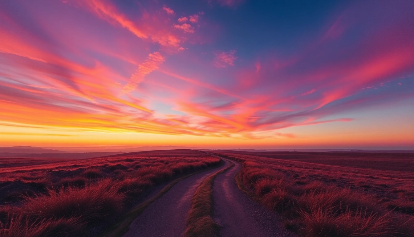 Here is a picturesque scene of a sunset-hued path winding toward the horizon, evoking a sense of adventure.