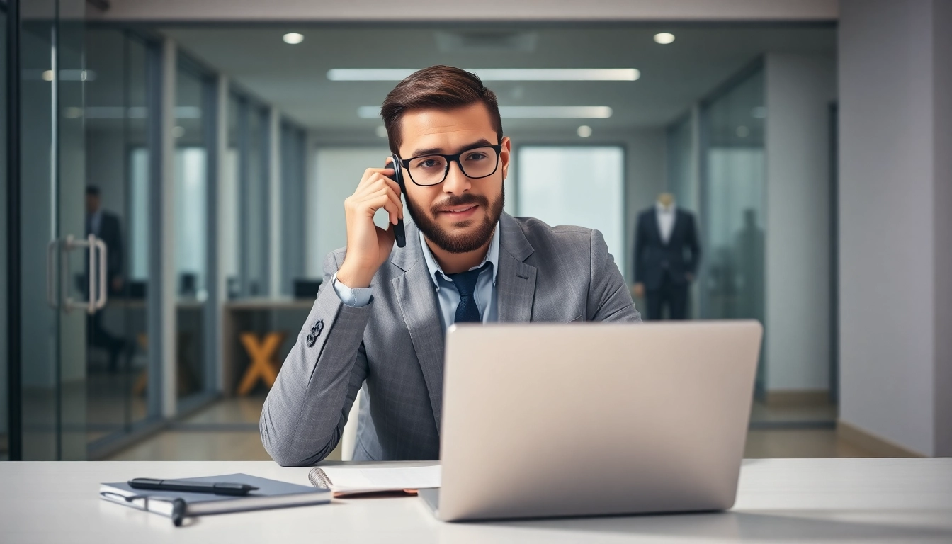 Real estate cold calling services depicted with an agent making a call in a professional office environment.