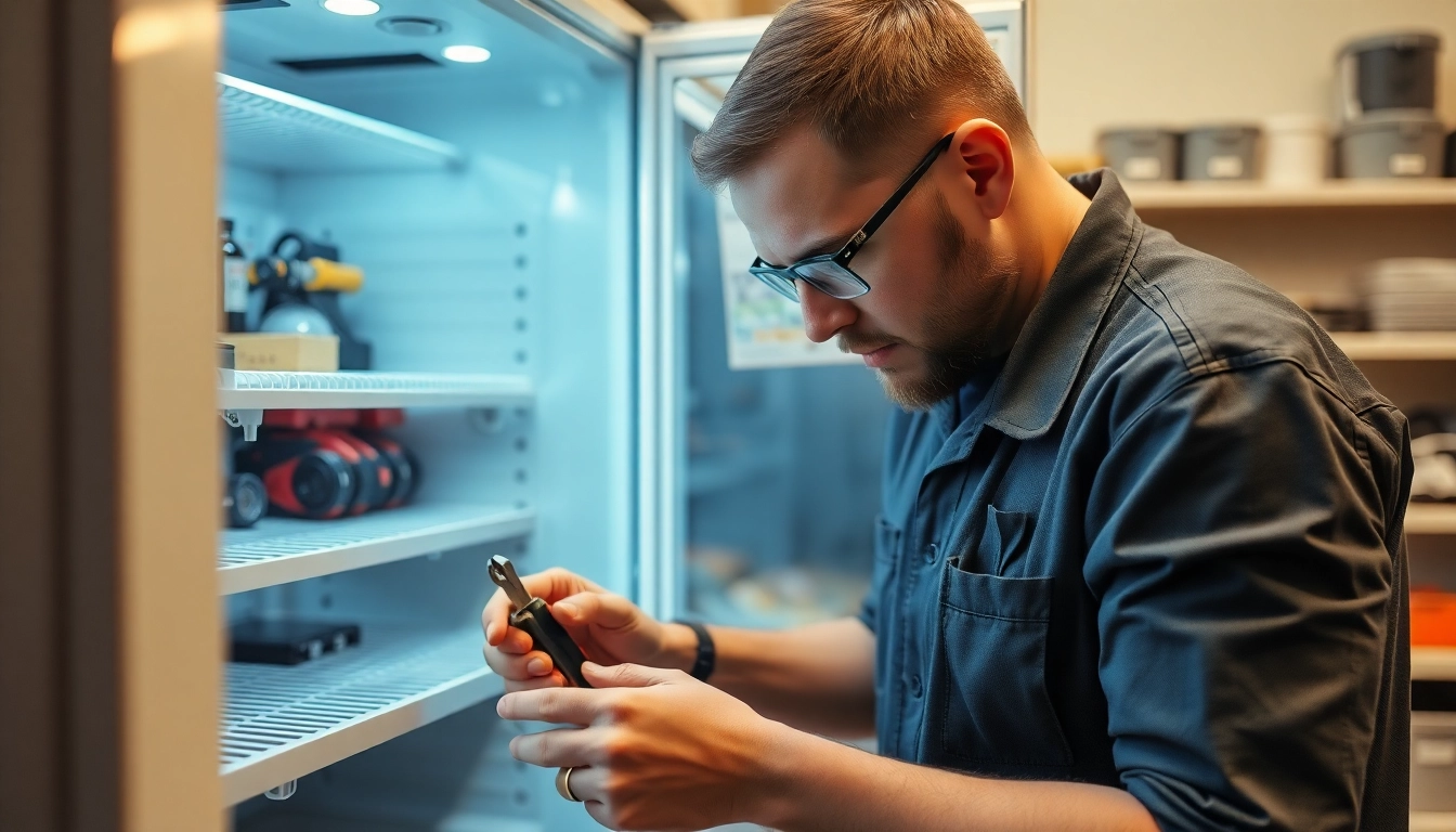 Technician performing beverage cooler repair with tools and components visible in a professional workspace.