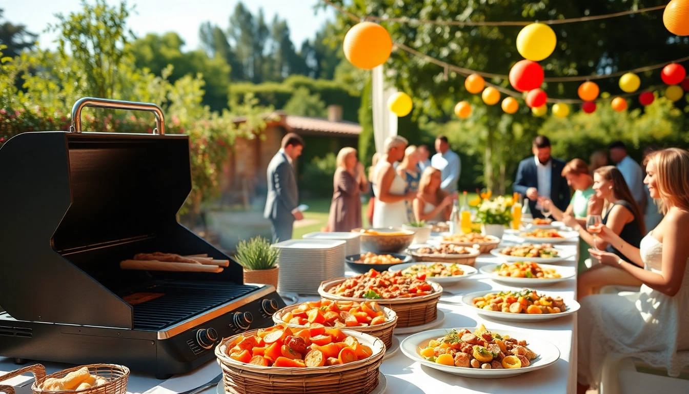 Enjoy Hochzeit Grill Catering für Berlin with a delightful outdoor BBQ feast featuring colorful food setups and happy guests.