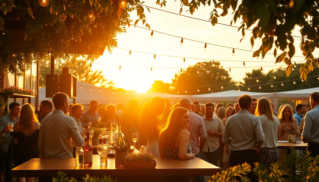 Unique Berlin Events showcasing a lively outdoor after-work party scene with a cocktail bar and guests enjoying.