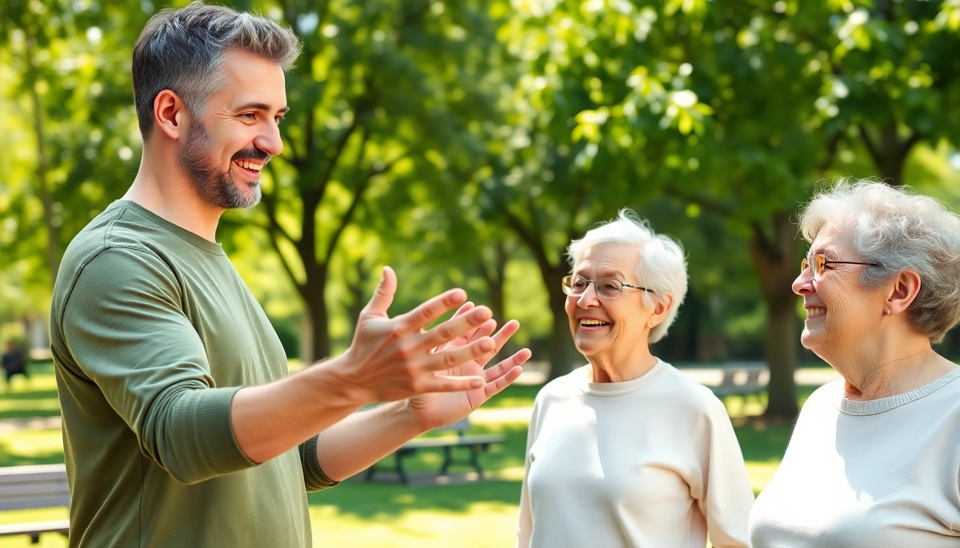 Senior Fitness trainer Jersey City guiding elderly clients through exercises in a park.