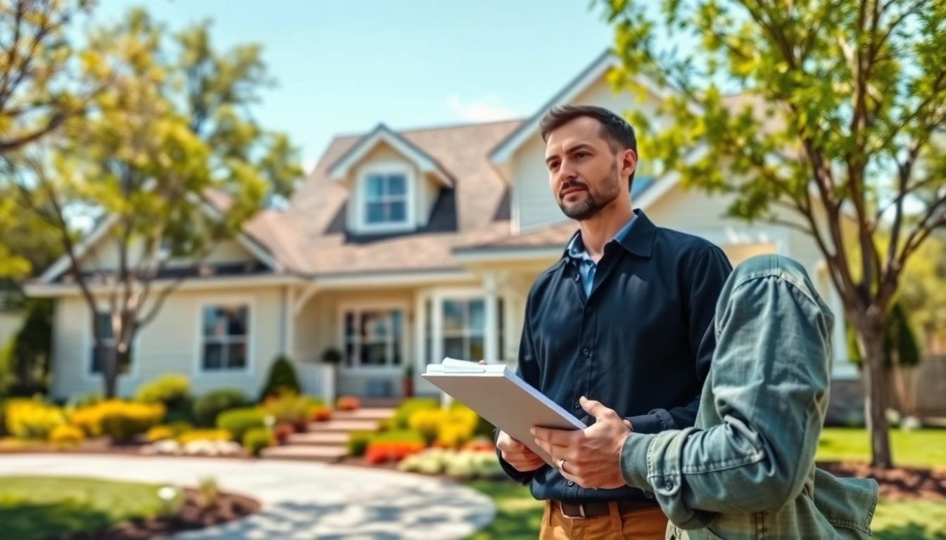 Exterior remodel expert evaluating a home for renovation with vibrant landscaping and clear skies.
