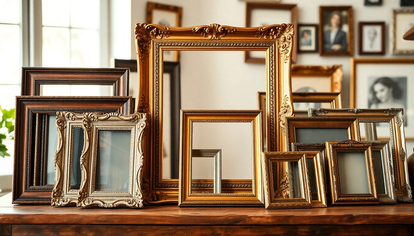 View a collection of vintage frames showcasing unique designs and rich textures on a rustic wooden table.