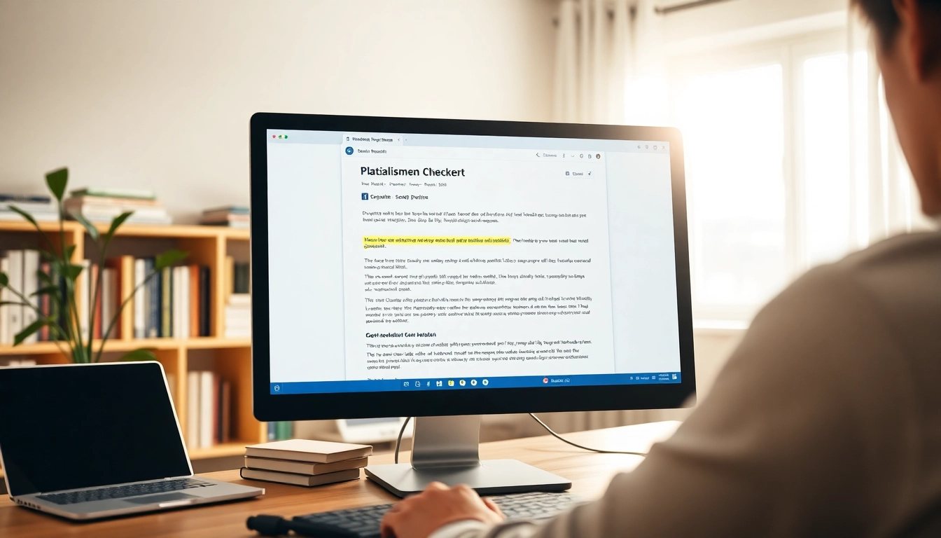 Check results on a plagiarism checker tool displayed on a computer screen in a cozy study.