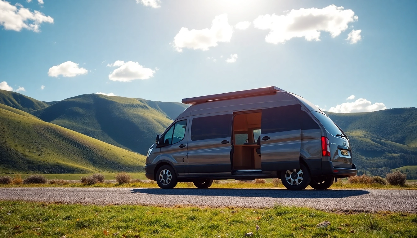 Stylish camper van parked in a scenic mountain landscape highlighting its modern design and cozy interior.