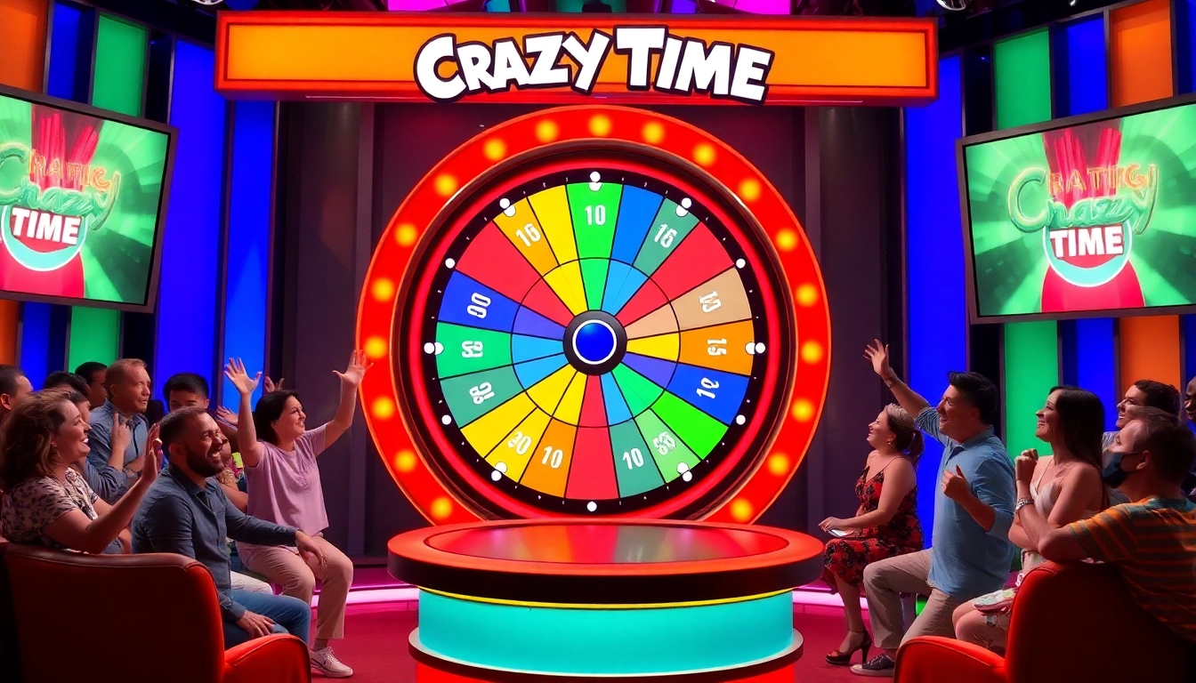 Capture the excitement of Crazy Time statistiche with players cheering around a colorful spinning wheel.