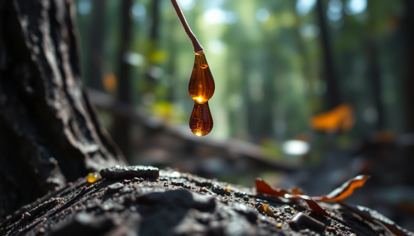 La résine de benjoin en gros plan, brillante et naturelle, mettant en avant ses caractéristiques uniques.