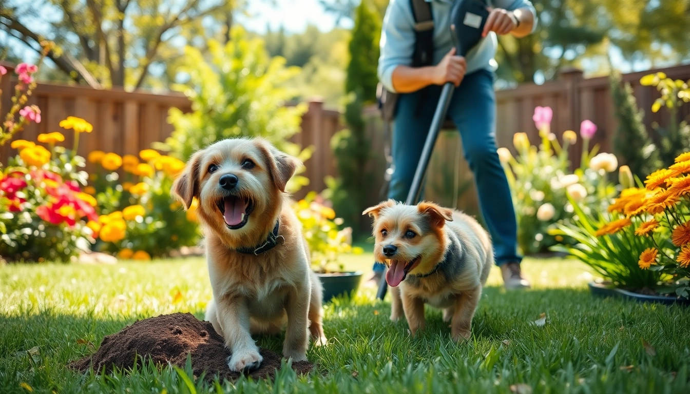 Weekly dog poop scooping service in a clean backyard, highlighting a technician and playful dog.