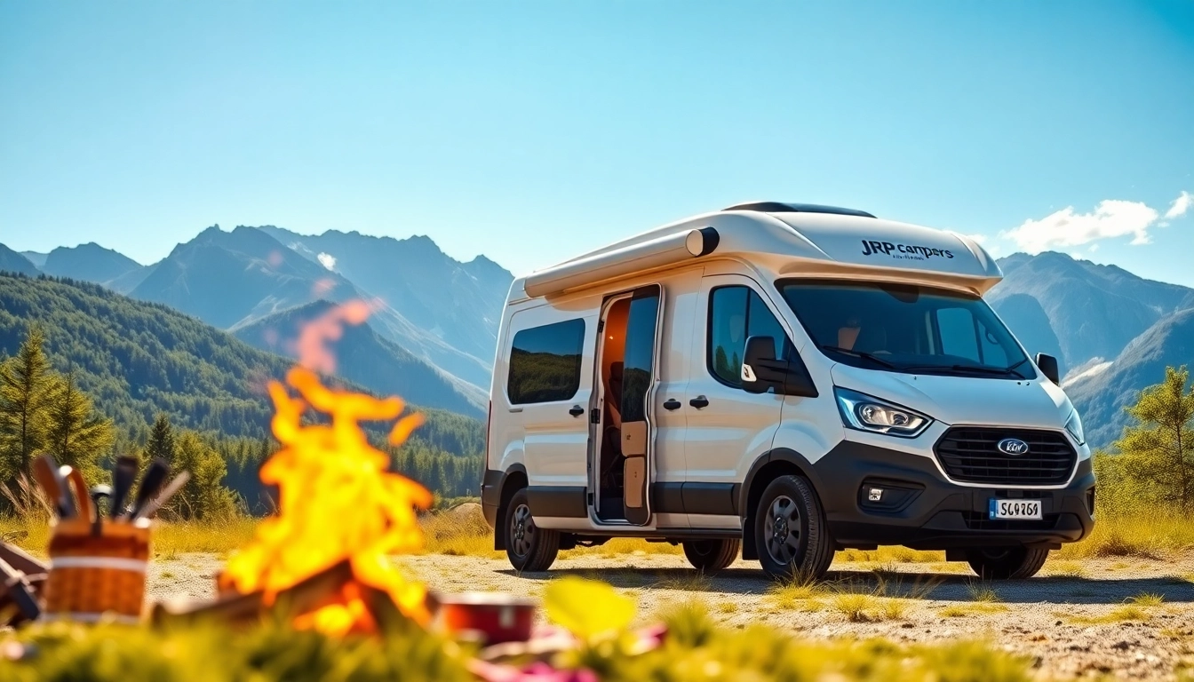 View of JRP Campers van in nature, showcasing sleek design and outdoor adventure setup.