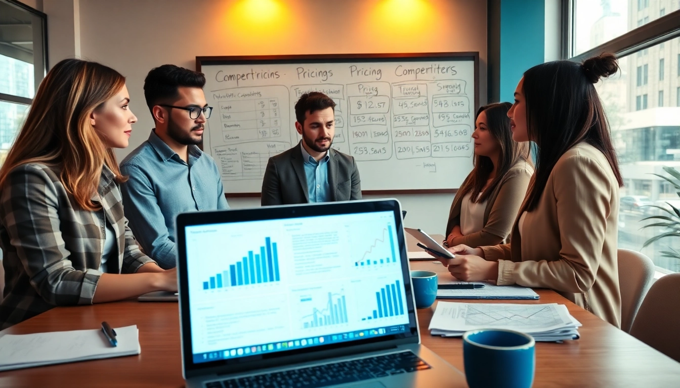 Explore competitor pricing research with a diverse team analyzing data in a professional office.