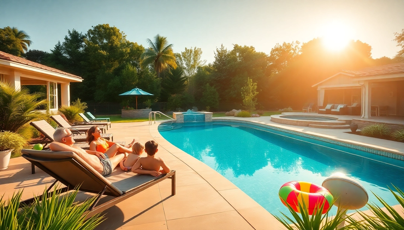 Build your own pool: family enjoying a custom-designed swimming pool in a luxurious backyard.