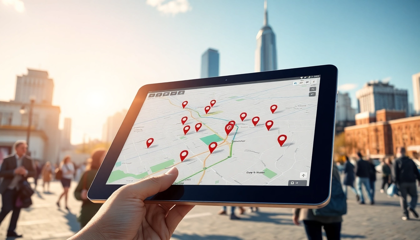 Explore dynamic urban locations on a tablet with a vibrant skyline background.