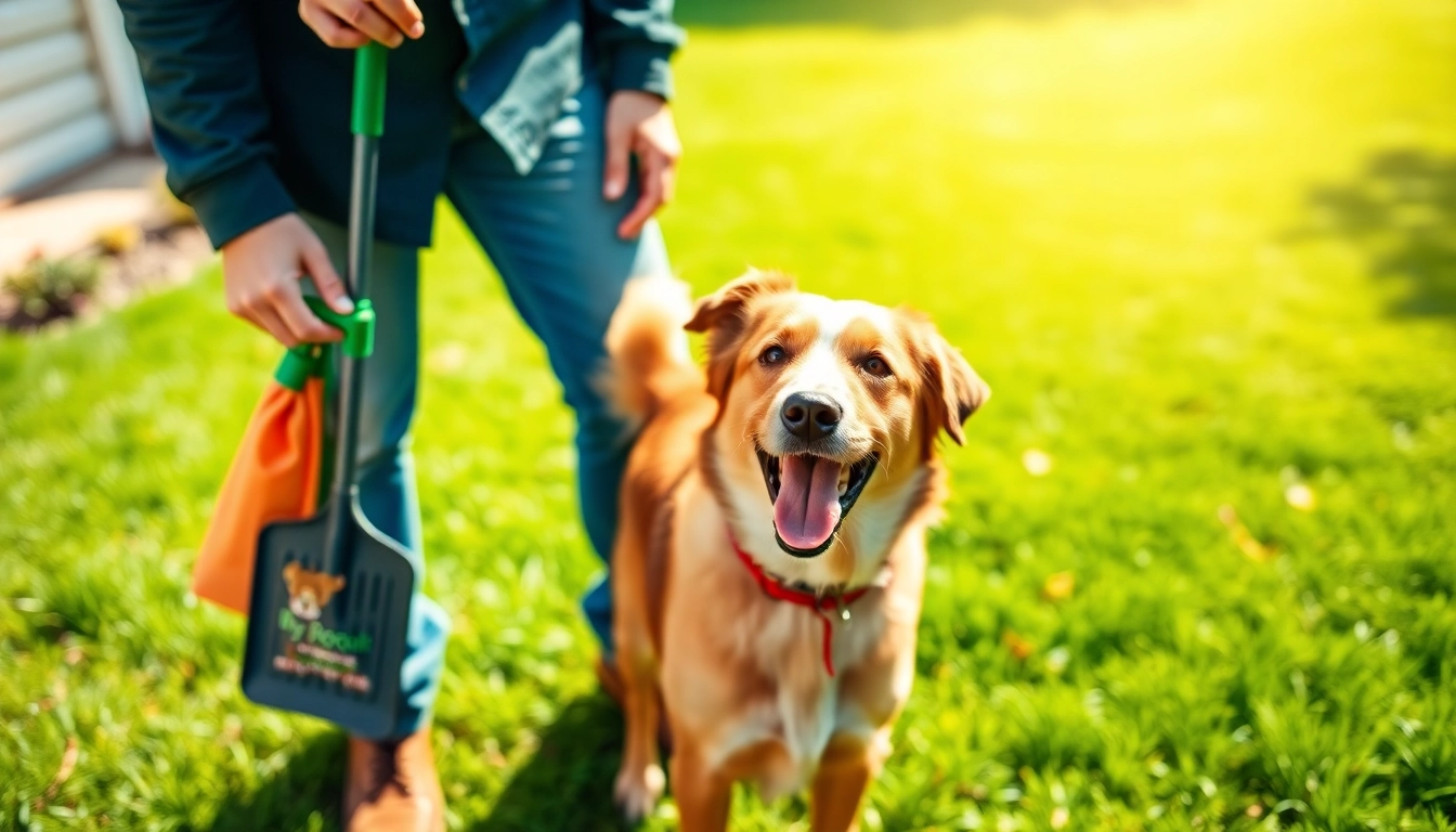 Dog poop pickup service showcased with a happy owner and a playful dog in a grassy yard.