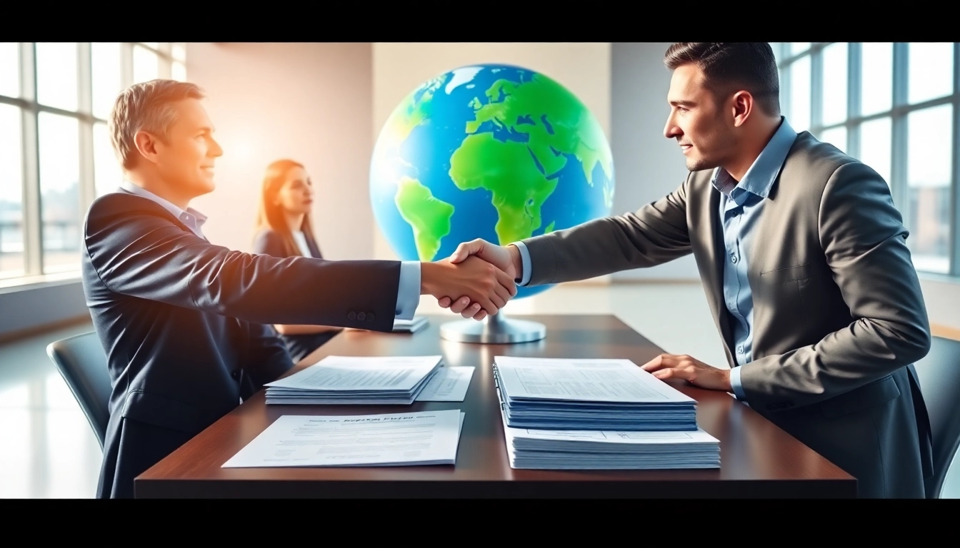 Illustration of trade negotiation emphasizing export tariffs with business professionals shaking hands.