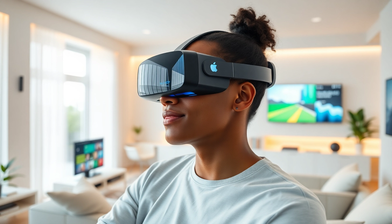 Experience the future by buying Vision Pro in a bright, modern space with digital elements.
