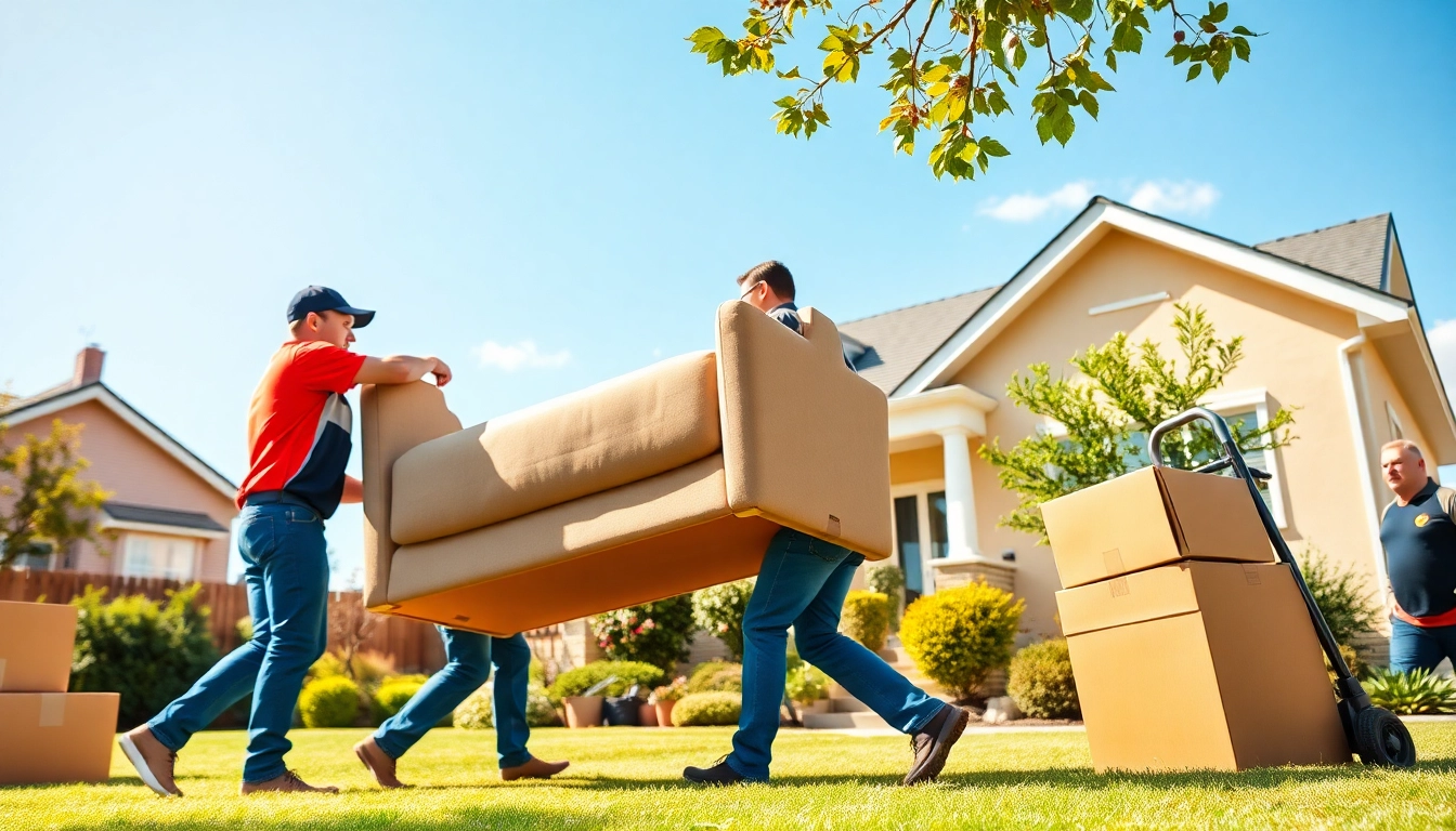 House moves carried out by professionals, emphasizing teamwork and efficiency in a residential setting.