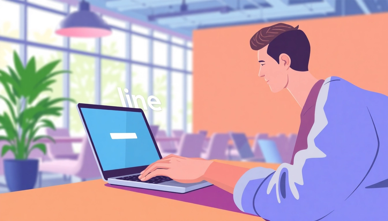 Person actively installing line電腦版官方下載 on a laptop in a bright, modern workspace.