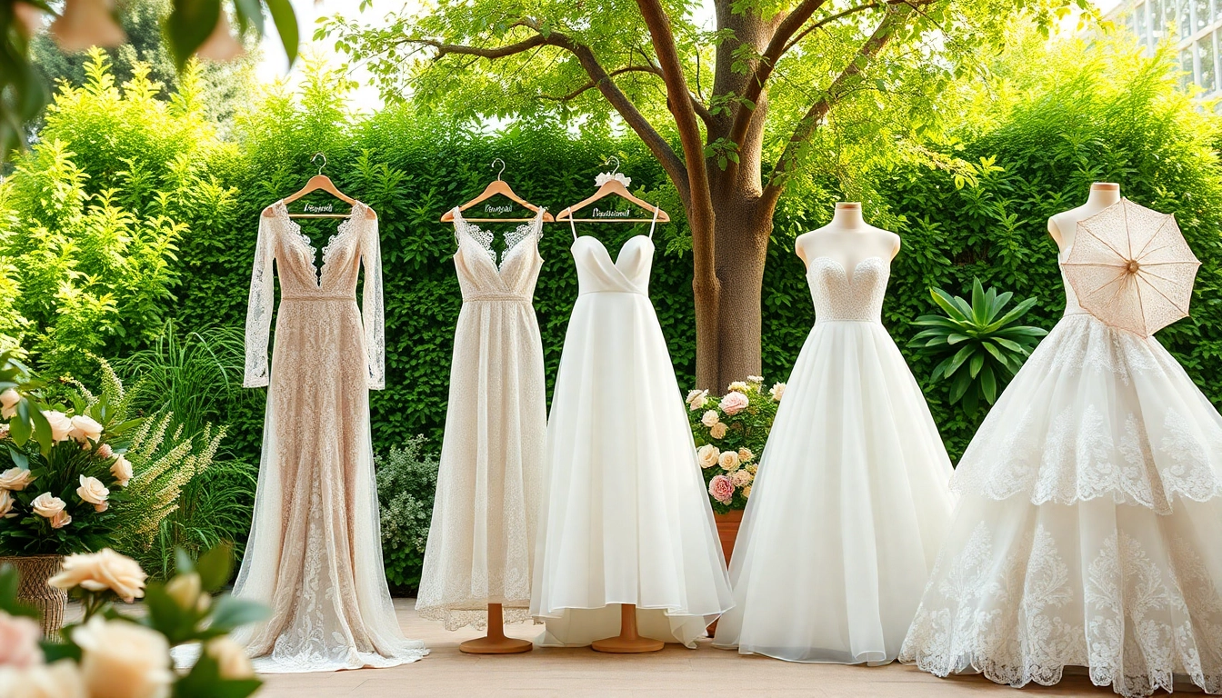 Showcase of stunning Reception Wedding Dresses in a beautiful garden, exhibiting elegant styles and textures.