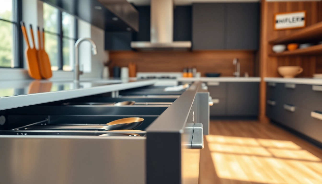 Showcasing a Metal Drawer System in a modern kitchen, featuring organized kitchen tools and a sleek design.