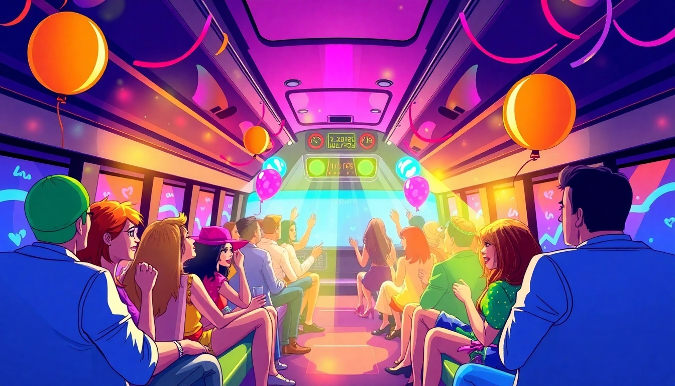 Partygoers celebrating in an atlanta party bus with vibrant decorations and festive lighting.