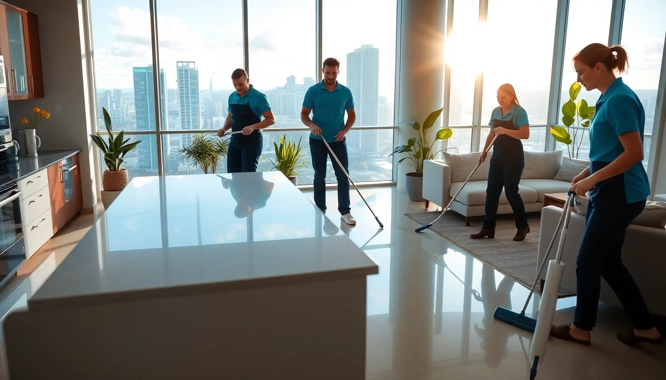 Bond cleaning Brisbane service showcasing professional cleaners in a bright, modern apartment.