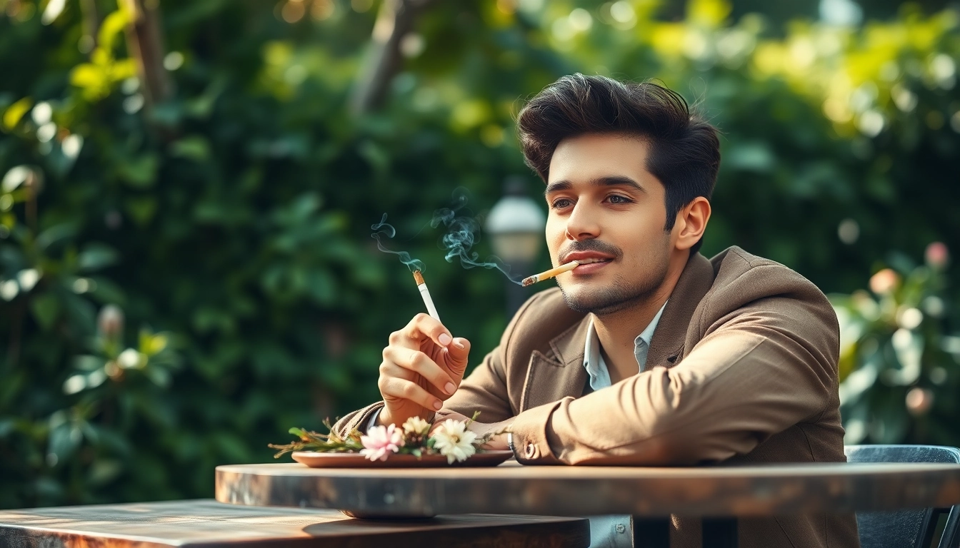 Enjoying nicotine free cigarettes in a serene outdoor café setting with a warm and inviting atmosphere.