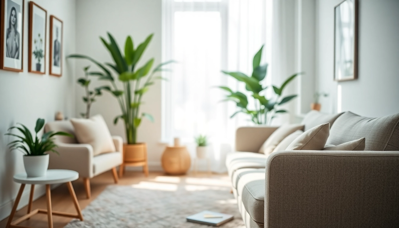 Calming therapist office designed for dealing with anxiety, featuring soft lighting and cozy decor.