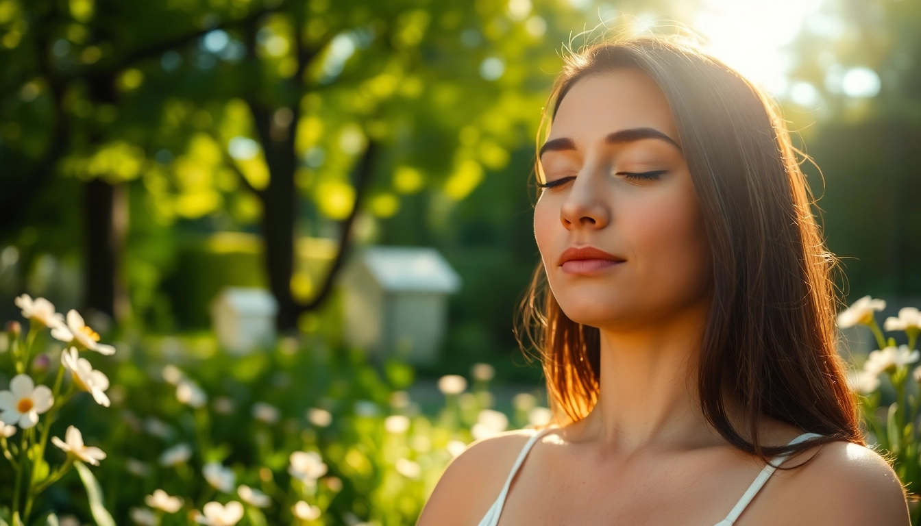Relaxation techniques for dealing with anxiety in a serene garden setting.