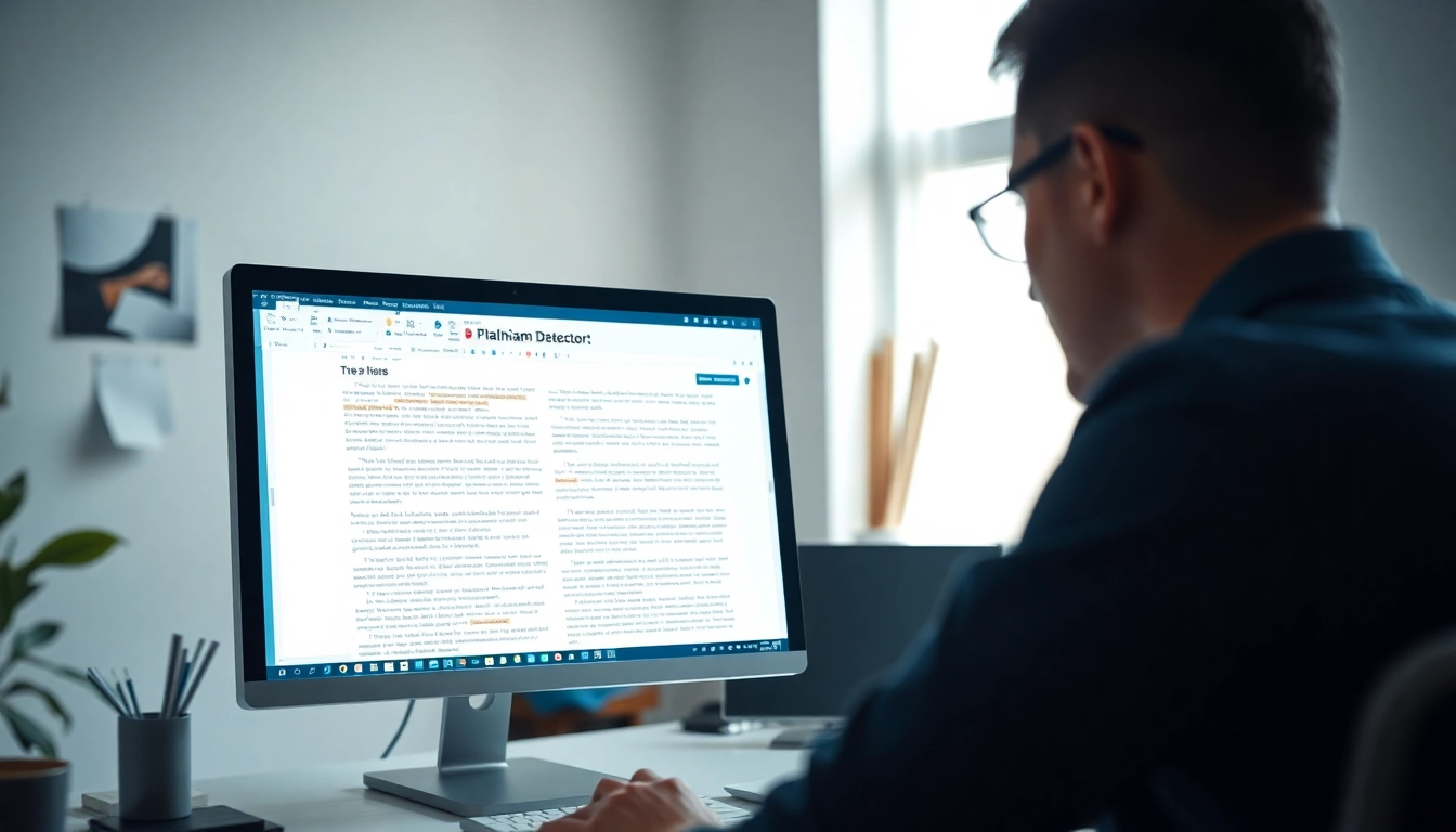 Analyze academic work using a plagiarism detector on a professional computer setup.
