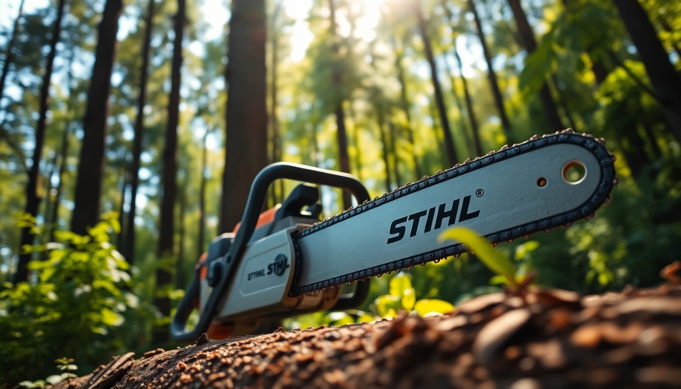 Stihl Kettensäge schneidet durch Holz in einem malerischen Wald.