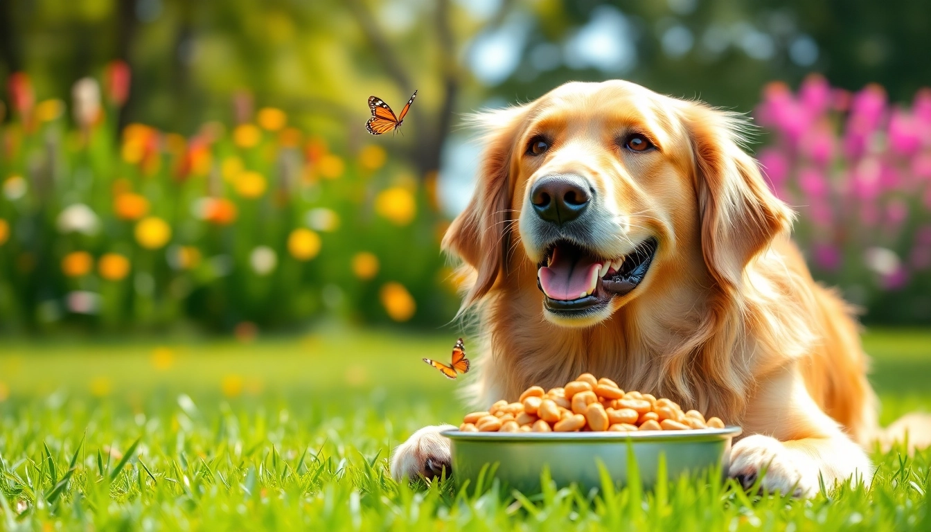 Golden retriever happily eating badlands ranch dog food in a sunny park setting.