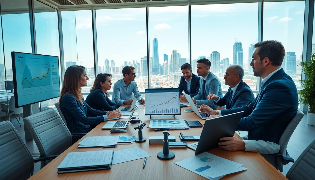 Analyze competitive intelligence data in a collaborative business meeting with professionals.