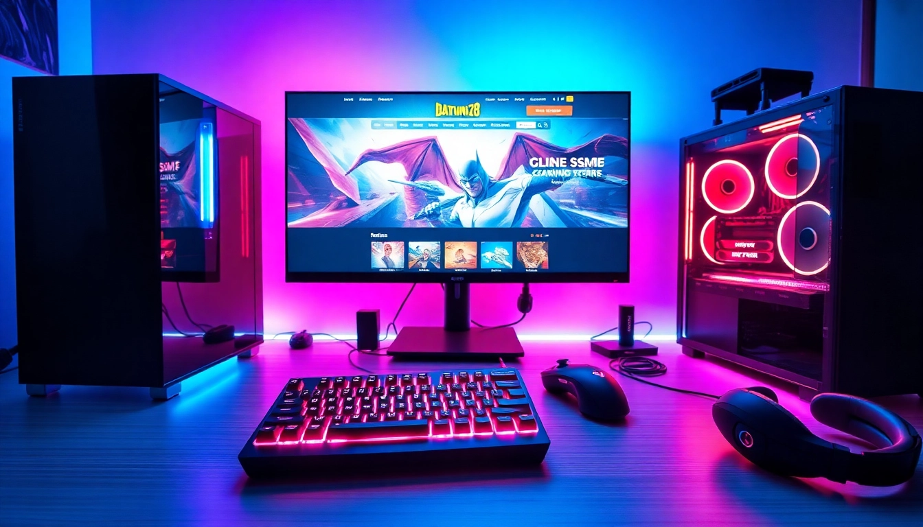 Menampilkan gaming setup yang menarik dengan situs resmi batman138 di layar utama.