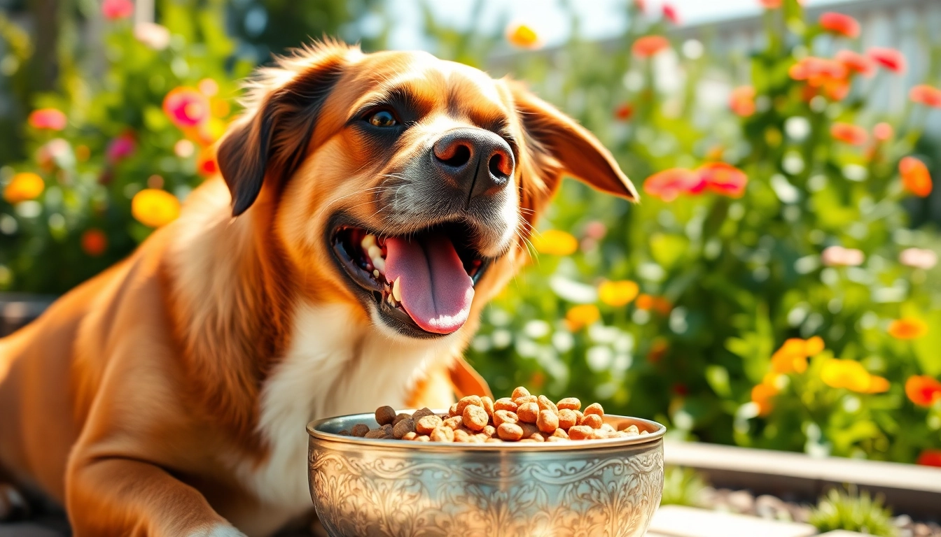 Serve Nature's Blend dog food Canada to a playful dog in a sunny garden setting.