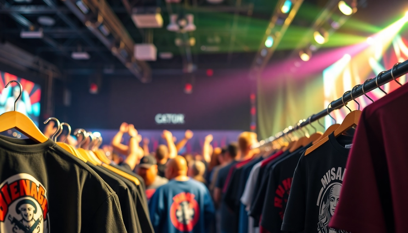 Bandwear merchandise showcased at a lively concert, featuring custom apparel for fans.