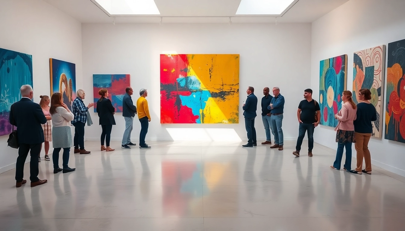 Visitors admiring artwork at the in lieu gallery in a vibrant, inviting atmosphere.