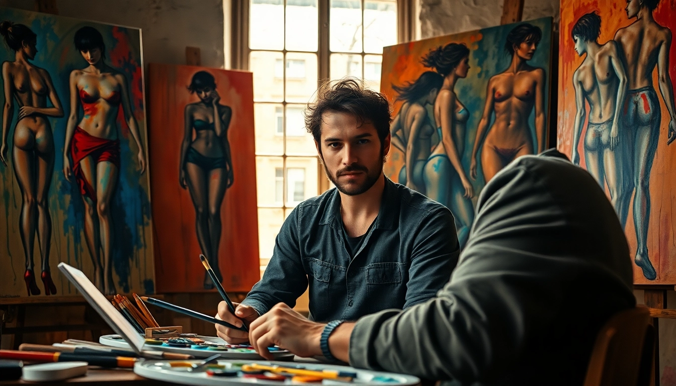 Captivating figurative art portrait of an artist at work in their studio, showcasing creativity and human forms.